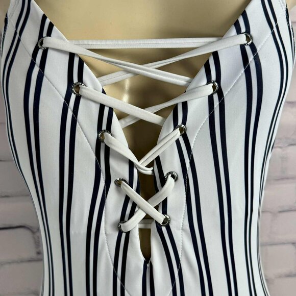 Nautica One-Piece Swimsuit – White & Navy Striped Lace-Up Front, Size M - Picture 2 of 7
